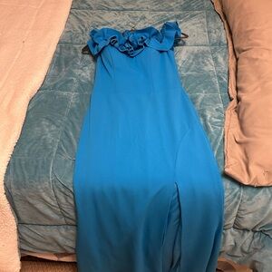 Xscape Strapless Blue Dress with Ruffle Detail